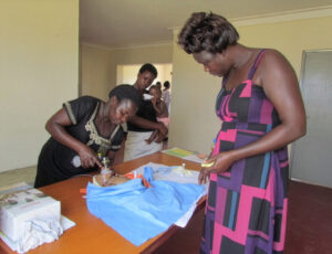 A participant practices newborn resuscitation technique on a training mannequin as a colleague observes, 2013